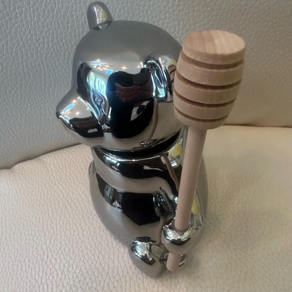 Anthropologie Silver Metallic Bear Honey Jar /Pot w/ Wooden Dipper in Bear’s Paw - Picture 12 of 13